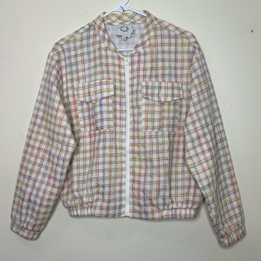 Lili Sidonio Bomber Jacket Plaid Pastel Multi-Color Zip Up Pockets size Medium